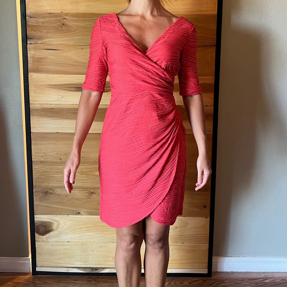 Coral Deep V Neck Faux Wrap Dress 3/4 Sleeve
